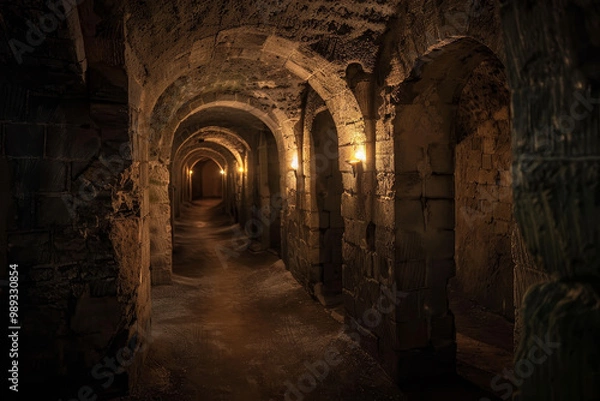 Fototapeta A dark, narrow tunnel with a stone wall on either side