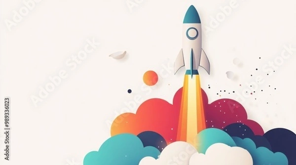 Fototapeta Colorful Rocket Launching from Clouds and Sun