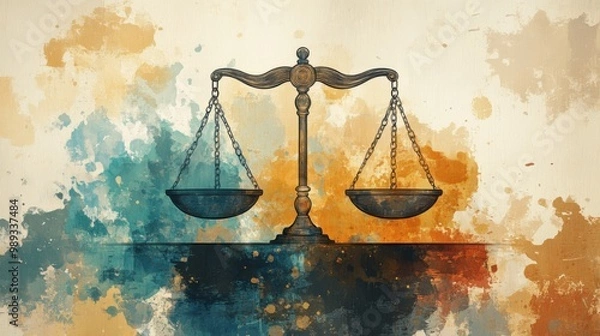 Fototapeta Artistic depiction of balance scales on abstract watercolor background symbolizing justice and equality
