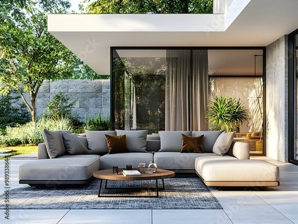 Obraz Sophisticated and stylish 3D rendered contemporary living area featuring a comfortable sectional sofa  modern minimalist furnishings  and natural light creating a refined and tranquil ambiance