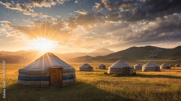 Fototapeta A peaceful morning in a Mongolian nomadic camp, with the first rays of sunlight touching the yurts,