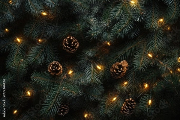 Fototapeta Above view on pine tree branches with Christmas fairy lights and cones