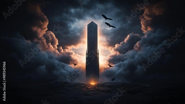 Obraz Mysterious Gothic Tower in Desolate Landscape with Dark Clouds and Flying Crows