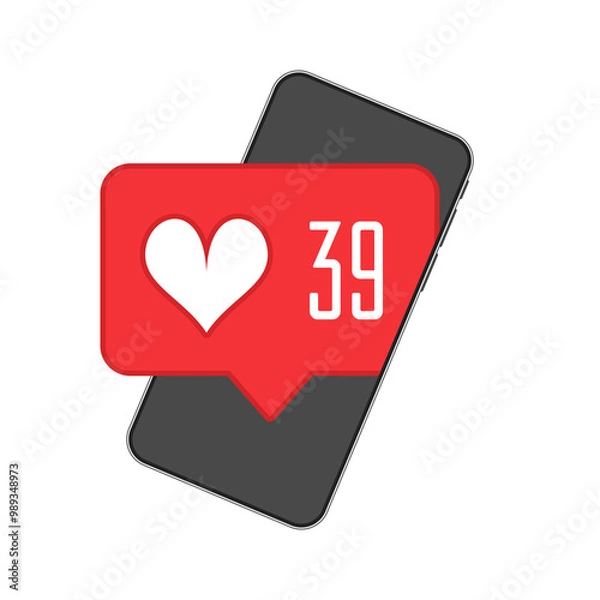 Fototapeta Like, Heart icons on smartphone screen. Social nets orange heart web notification and smart phone.