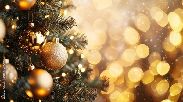 Fototapeta Christmas Tree with Gold Ornaments and Warm Bokeh
