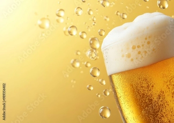 Fototapeta Golden Ale with Fresh Beer Foam Bubbling and Settling in a Clear Glass on a Wooden Table