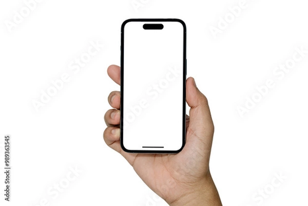 Fototapeta Hand holding smart phone Mockup, with Transparent screen and isolated for Infographic Business web site design app - Clipping Path