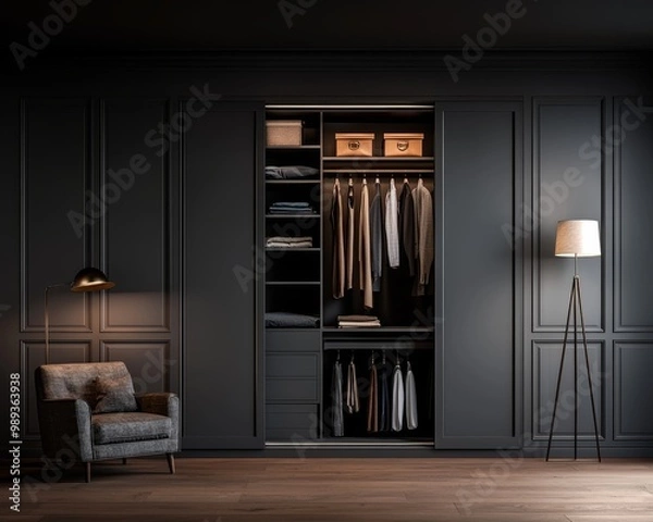 Fototapeta Elegant Black Closet in Minimalist Room with Symmetrical Balance and Intricate Paneling, Sophisticated Interior Design Concept for Home Decor