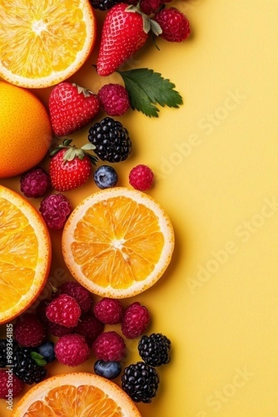 Obraz Vibrant Citrus Delight Close-Up of Fresh Fruits and Berries on Yellow Background - Summery, Juicy, Healthy Eating Concept