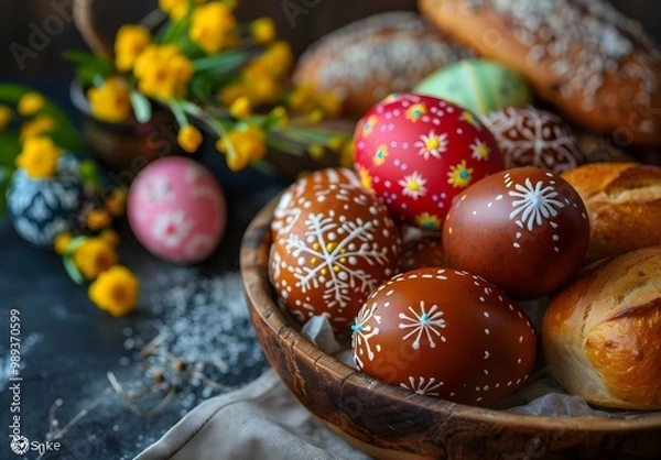 Obraz Easter Eggs and Bread in Wooden Bowl