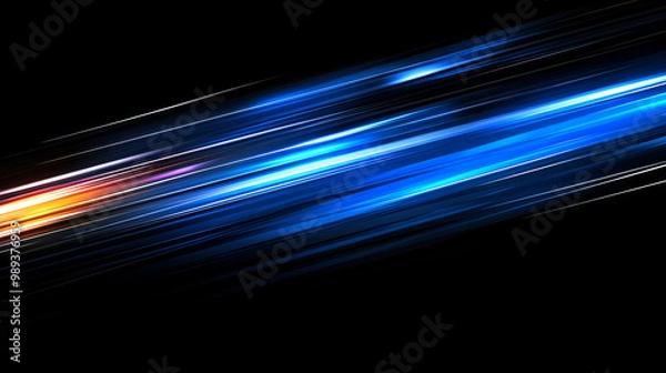 Fototapeta Dynamic blue and orange light streaks on a black background create a sense of motion and energy in a striking digital art display
