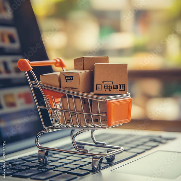 Fototapeta Online shopping e-business, shopping cart placed on a laptop displaying a website 