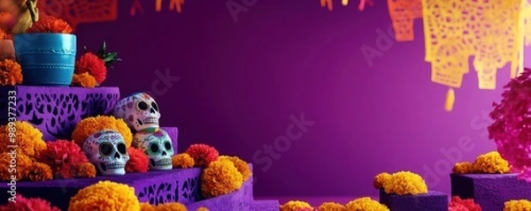 Fototapeta Colorful altar for Day of the Dead with marigolds and sugar skulls, purple background, vibrant decorative elements.