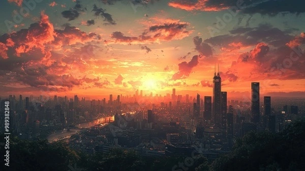 Fototapeta Stunning sunset over a vibrant city skyline showcasing towering buildings and colorful clouds at twilight