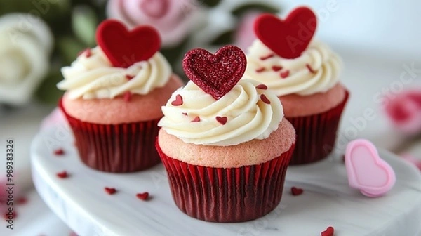 Fototapeta Deliciously decorated chocolate cupcakes with heart-shaped toppings in a cozy bakery setting