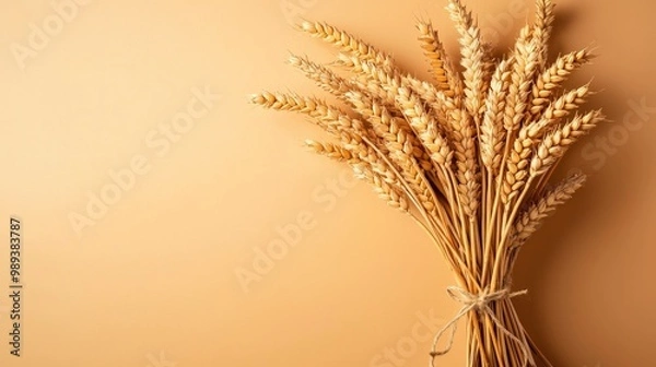 Fototapeta Dried wheat bunch tied with a string, warm beige background.
