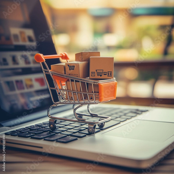 Fototapeta Shopping cart on a laptop displaying a website, e-business site