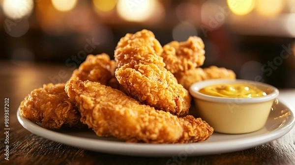 Fototapeta Closeup of crispy fried chicken tenders on a white plate with a small dish of yellow dipping sauce, on a wooden table.