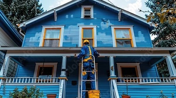Obraz Painter applying fresh blue paint to a charming house on a sunny day in a residential neighborhood
