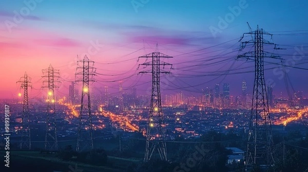 Fototapeta Power lines illuminated at night connect a vibrant city skyline through a web of technology and innovation