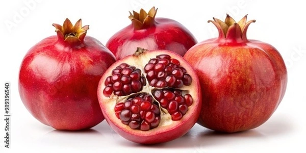Fototapeta Three Pomegranates, One Sliced Open, White Background, fruit, red