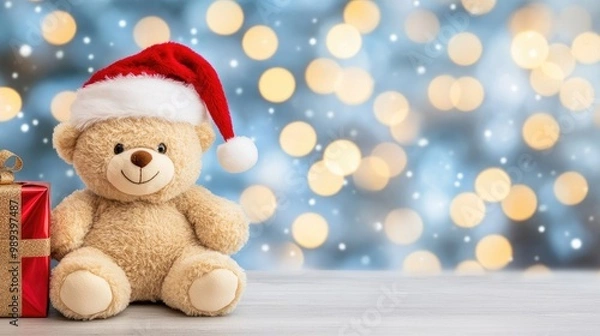 Obraz A cozy teddy bear in a Santa hat sits beside a festive gift box, illuminated by sparkling Christmas tree lights
