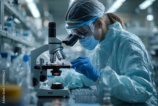 Fototapeta Scientist in lab with microscope and protective gear