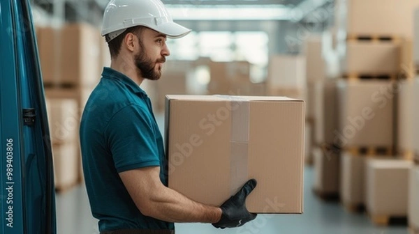 Fototapeta Man wearing helmet handles a cardboard box in a warehouse.