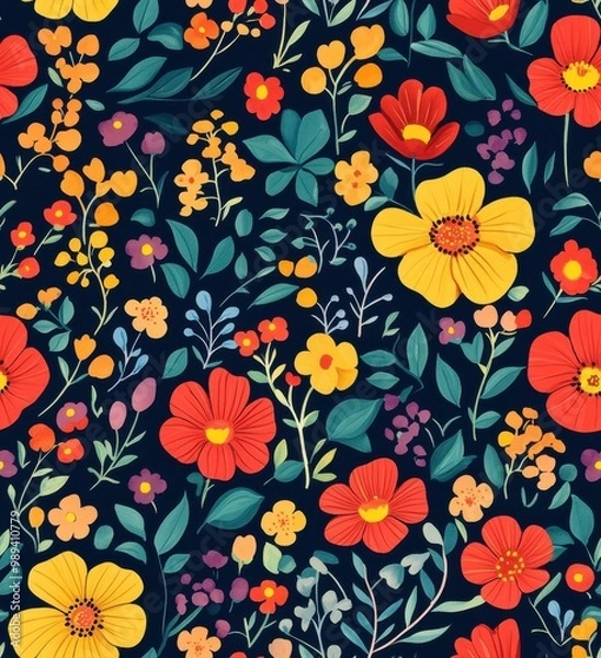 Fototapeta playful pattern of colorful flowers and leaves on a navy blue background