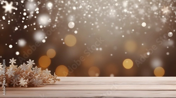 Fototapeta Wooden Tabletop Christmas Background with Bokeh Lights and Snowflakes
