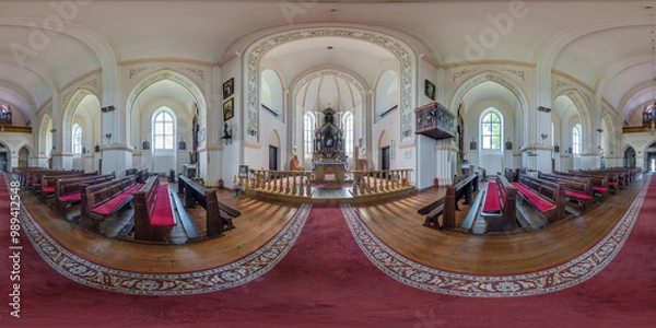 Fototapeta RAKOV, BELARUS - MAY 17, 2024; spherical seamless hdri 360 panorama near altar inside of catholic church, architectural monument of gothic with arches and frescoes in equirectangular projection