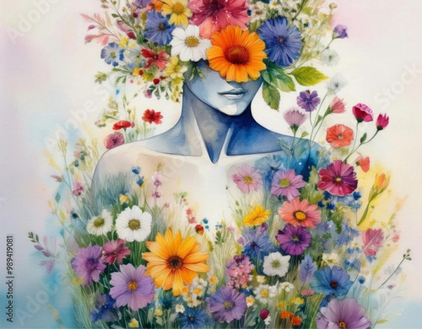 Fototapeta Pintura em aquarela de mulher com flores.