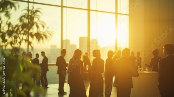 Fototapeta Professionals networking at a business event in a modern venue, backlit by the golden glow of a sunset through large windows.