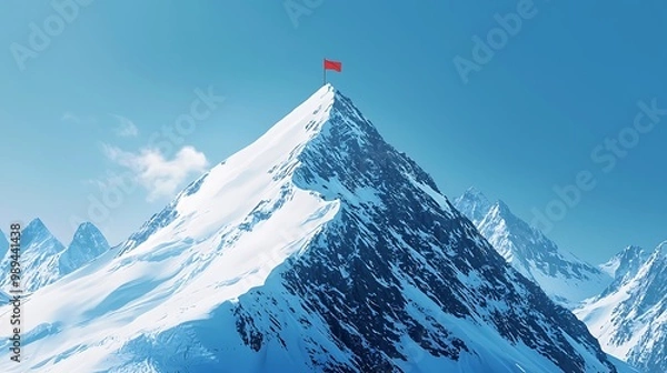 Fototapeta Serene Winter Landscape with Snow-Covered Mountain Peak and Red Flag at Summit