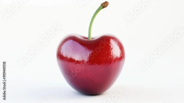 Fototapeta hyperrealistic 3d rendering of a plump glossy cherry vibrant red skin with lifelike texture and a perfectly modeled stem against a pure white background