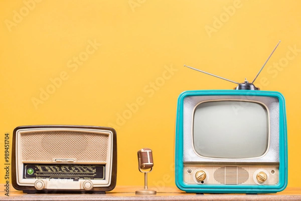 Obraz Retro radio, old TV and golden microphone front yellow background. Vintage style filtered photo