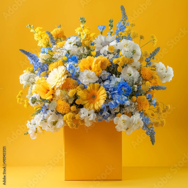 Fototapeta Bouquet of colorful flowers in a box on a yellow background