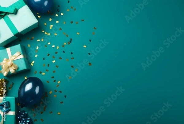 Fototapeta Teal Background with Gifts, Balloons, and Confetti