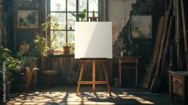 Fototapeta Artistic studio with easel, blank canvas, natural light, and indoor plants.