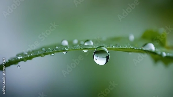 Obraz water drops on a green leaf