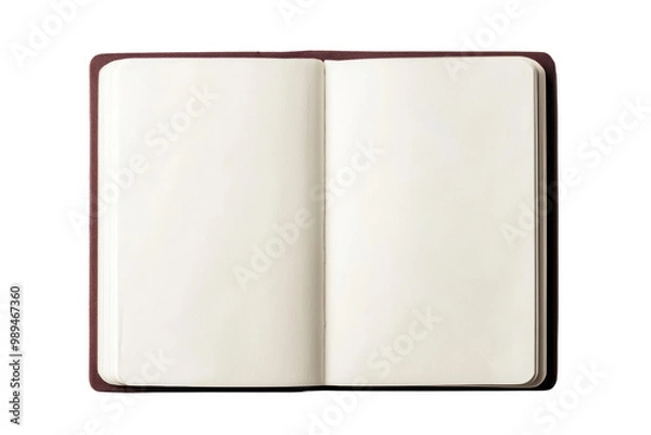 Fototapeta Open blank notebook with a brown cover, featuring empty pages ready for notes, sketches, or journaling. Minimal design offers space for creativity and ideas. Isolated on transparent background, png.