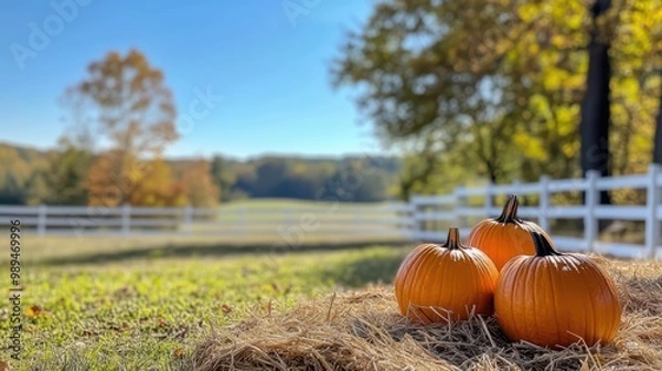 Fototapeta An autumn photo of pumpkins on hay bales in front of a white wooden fence, with a blue sky and a tree in the background
