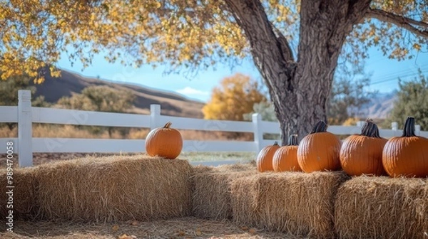Fototapeta An autumn photo of pumpkins on hay bales in front of a white wooden fence, with a blue sky and a tree in the background