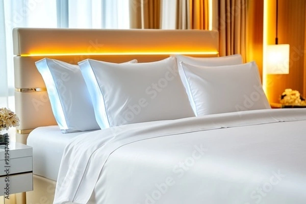 Fototapeta A detailed shot of a luxury bed with silk sheets, designer pillows, and soft lighting creating a calm, exclusive ambiance