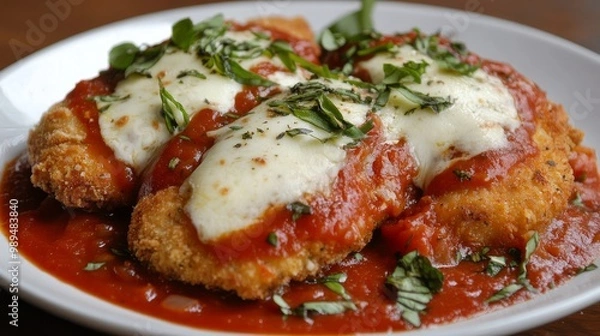 Fototapeta Chicken Parmesan is a dish made with breaded chicken cutlets, covered in tomato sauce and melted cheese.