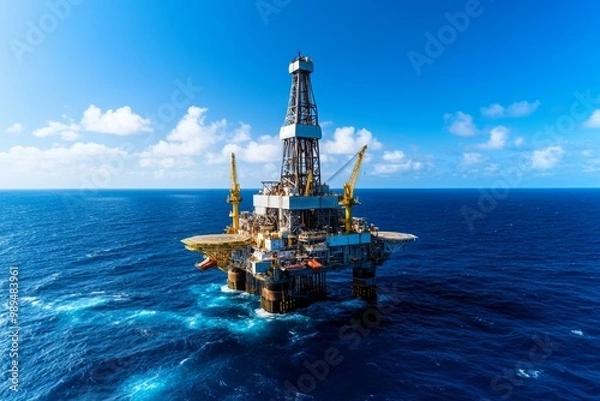 Fototapeta An offshore oil rig in the ocean, drilling for petroleum as part of the global energy supply chain