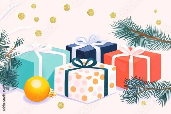 Fototapeta Coloring book illustration of festive spirit with elegantly packaged gifts luxurious ornaments snowflakes and golden sequins on a soft beige backdrop featuring space for greetings or promotional me