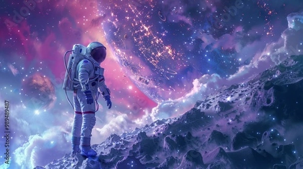 Fototapeta Astronaut Exploring Alien Planet with Colorful Nebula
