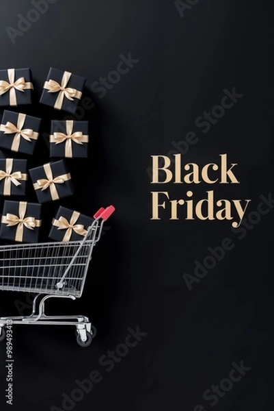 Obraz Black Friday shopping cart filled with black gift boxes tied with gold ribbons