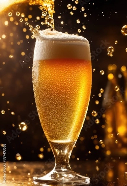 Fototapeta captivating close image frothy beer being poured glorious droplets highlighting textures transparency, foam, liquid, bubbles, golden, pint, splash